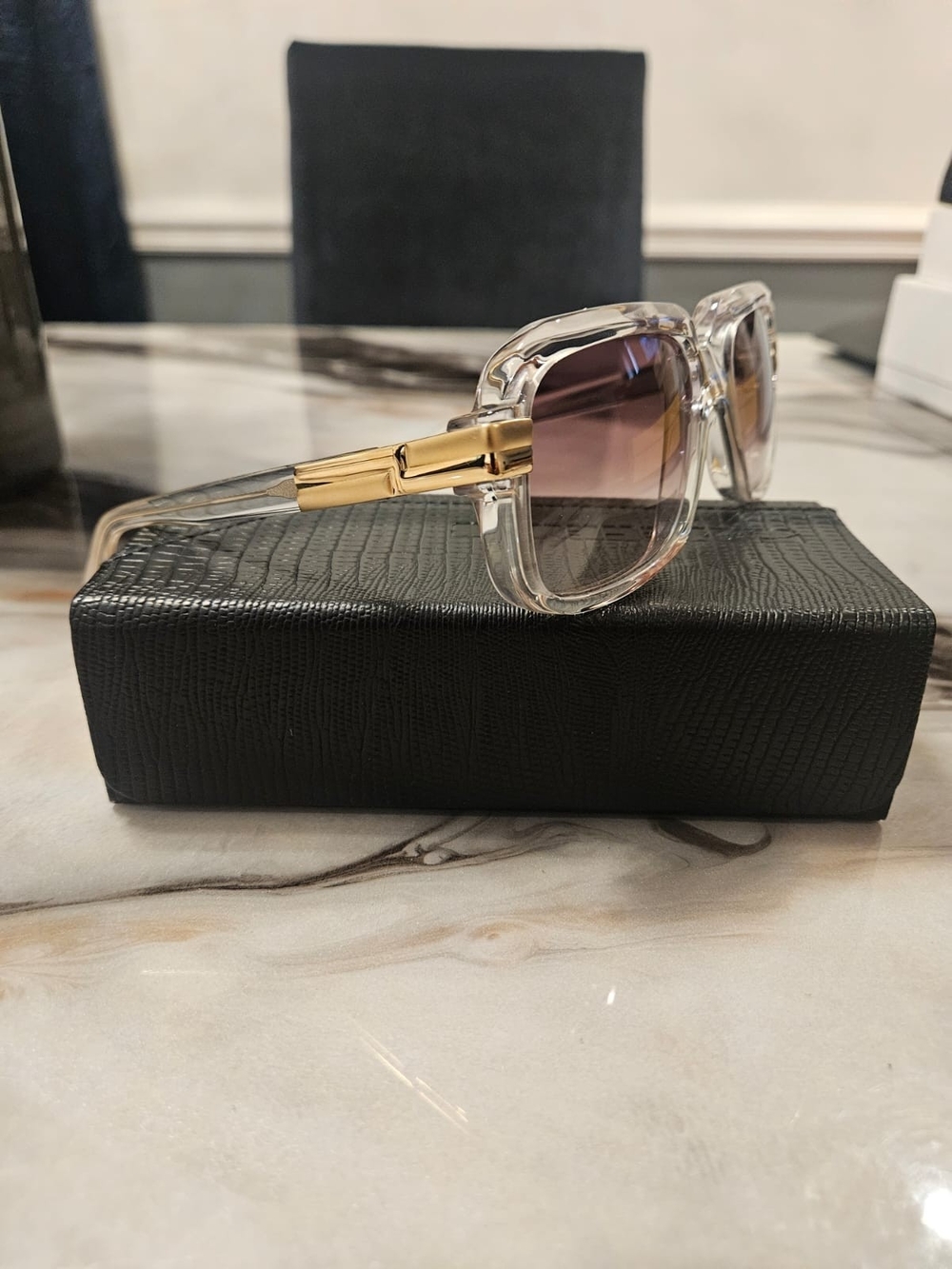 Cazal Clear Frame Sunglasses with Gold Temples and Gradient Brown Lenses